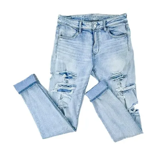 American Eagle Light Wash Distressed High Rise Jeggings- 8 Extra Long - Picture 2 of 6